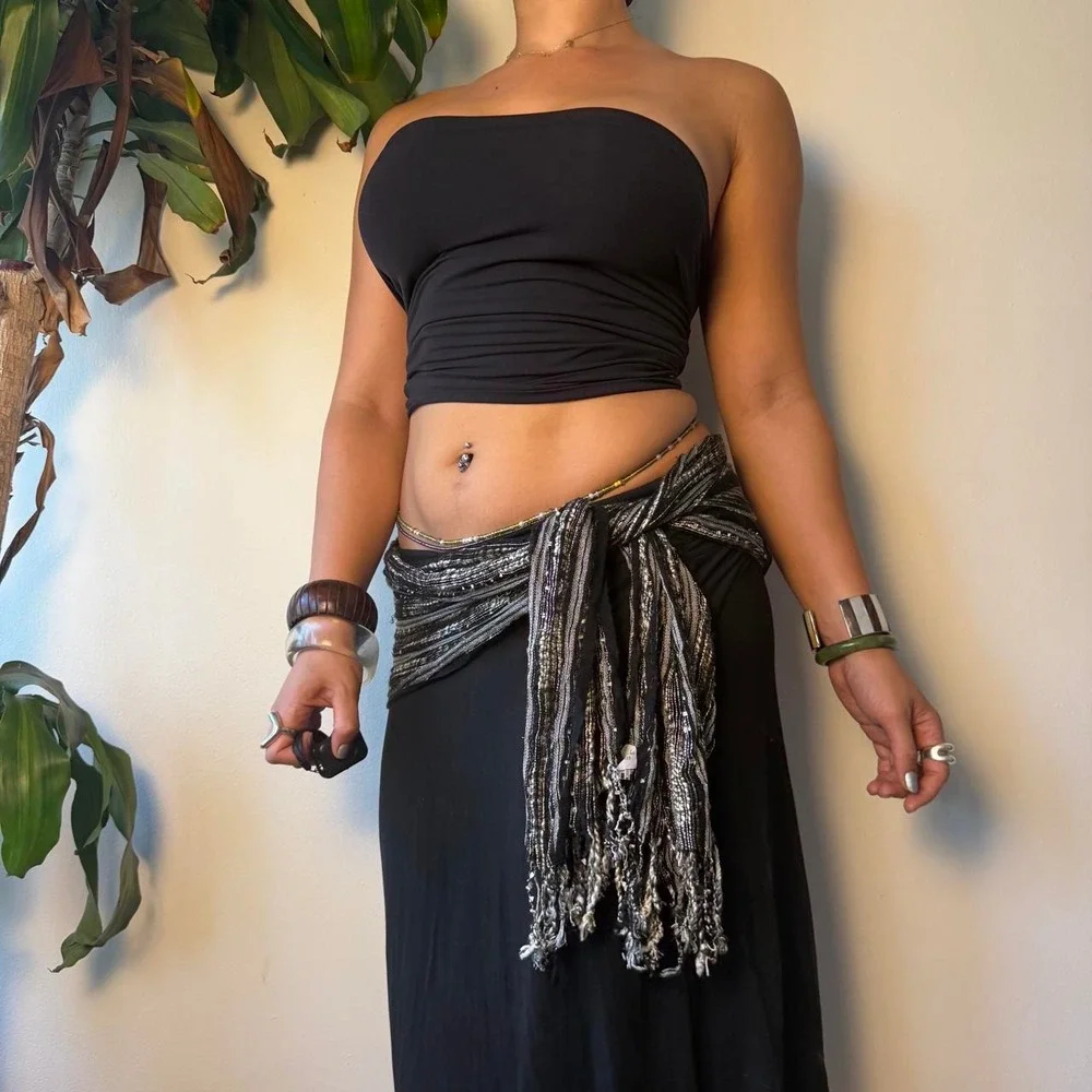 Vintage Y2K Sequin Fringe Scarf Black Brown Silver Boho Festival Knit Wrap